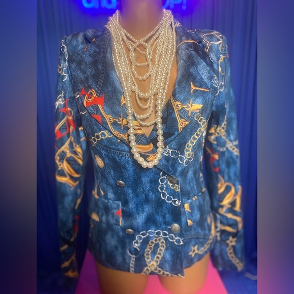 2 Piece: Vintage Style Blue w/Gold Chainlink “You Only” Print, NWOT - Picture 4 of 12